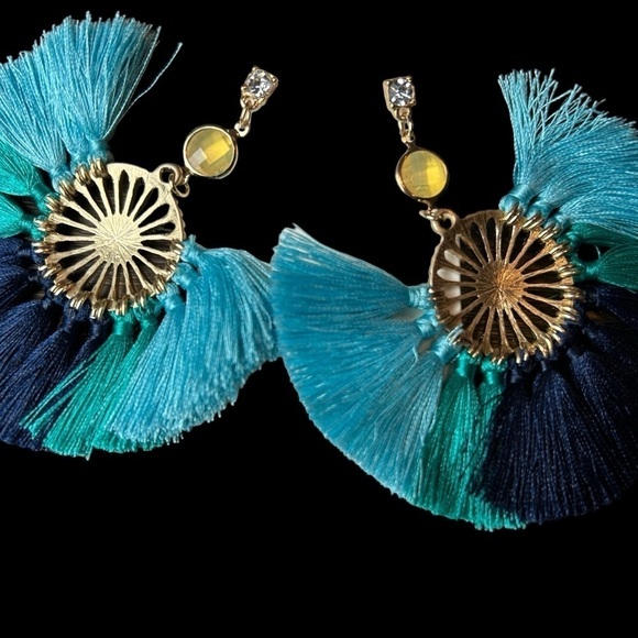 Statement Earrings From Express Boho Tropical Bold Gold & Shades of Blue Fringe - Picture 10 of 13